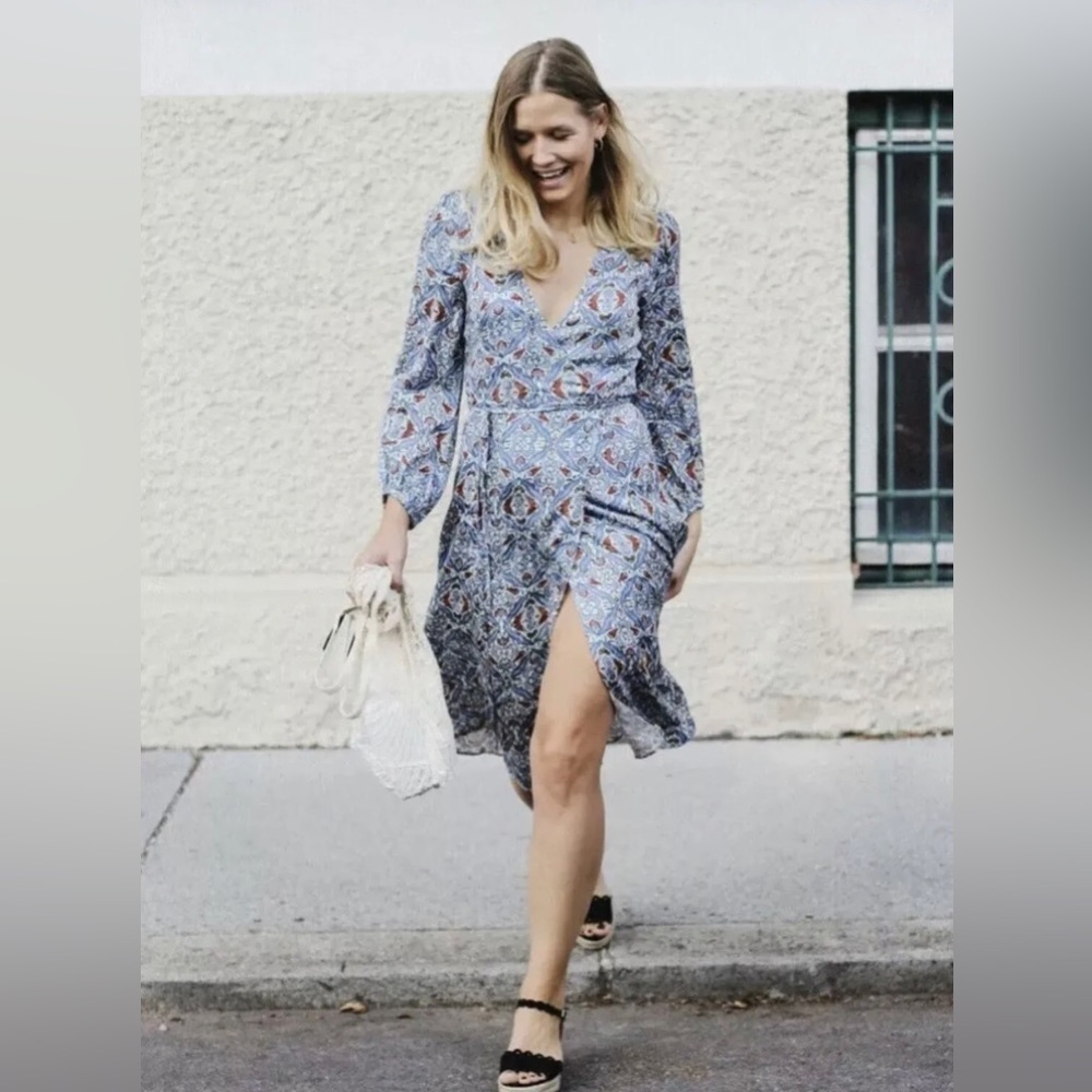 Zara Jacquard Patterned Shimmer Long Sleeve Midi Wrap Dress